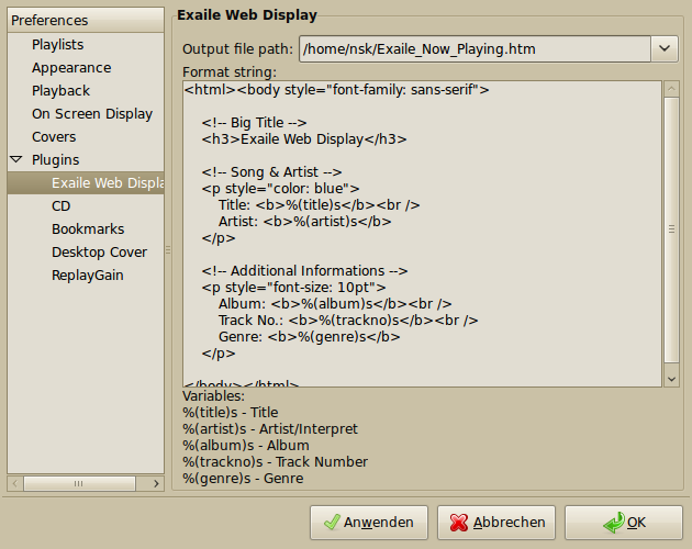 Exaile Plugin
Exaile Web Display Configuration